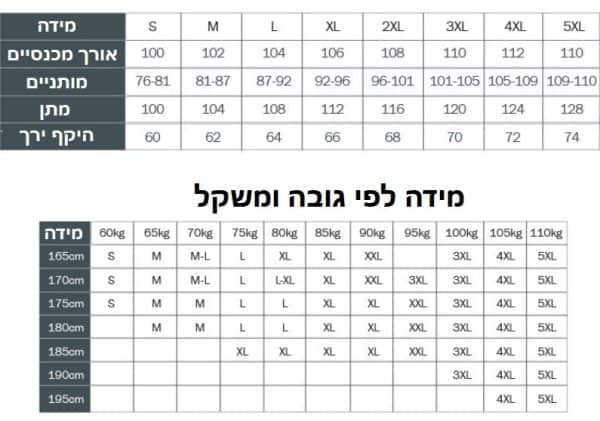 מידות למכנסיים לפי גובה ומשקל